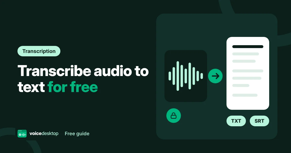 Illustration of an audio waveform turning into a text document with TXT and SRT export options and a lock icon