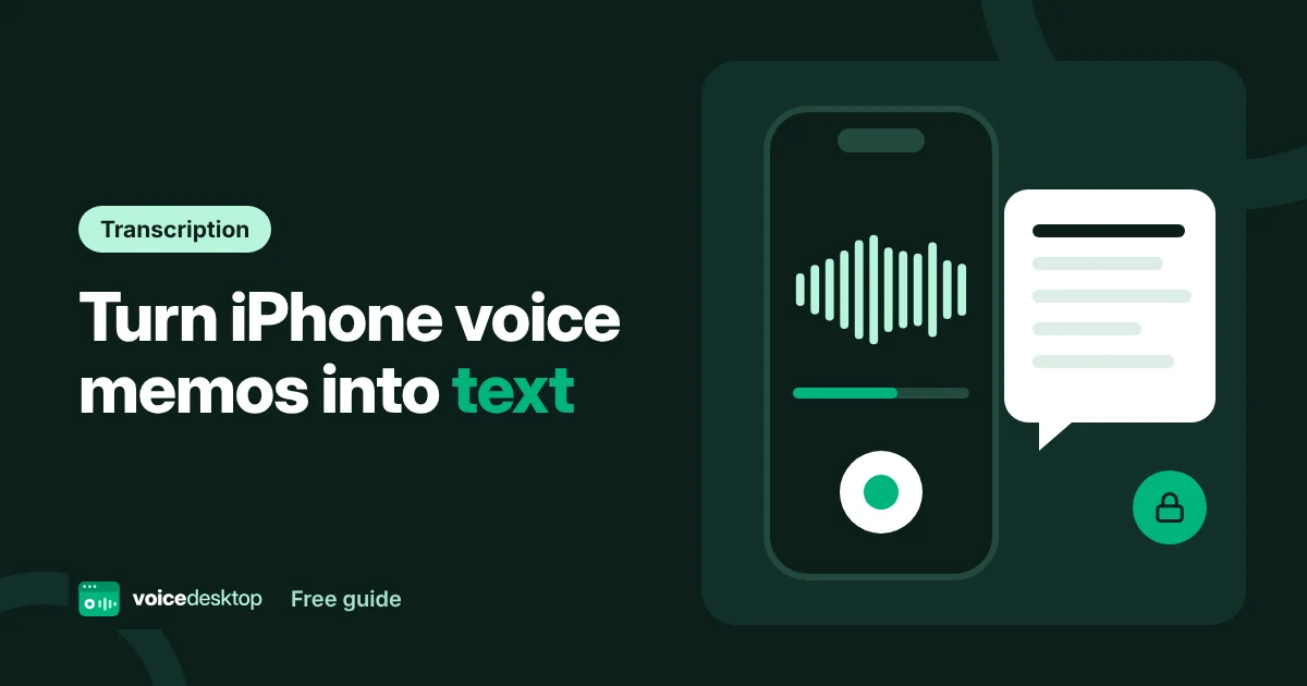 Illustration of an iPhone recording a voice memo next to a speech bubble with lines of text and a lock icon